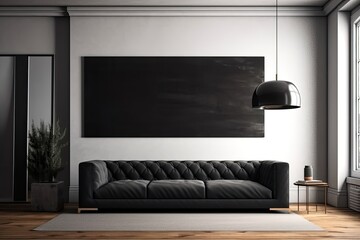 Interior of a black living room with a dark wooden floor and a long sofa that has a hanging poster over it. a mockup Generative AI