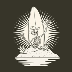 Skull and surfboard on the sand. Vector illustration in vintage outline style
