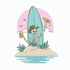 Vector illustration of a skeleton holding a bottle of beer on the beach
