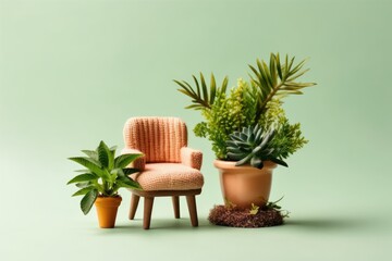 A green chair and a miniature wooden stool both have plants on them. Generative AI