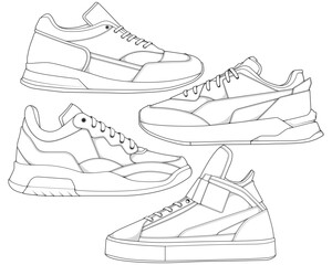 Set of shoes sneaker outline drawing vector, Sneakers drawn in a sketch style, bundling sneakers trainers template outline, vector Illustration.