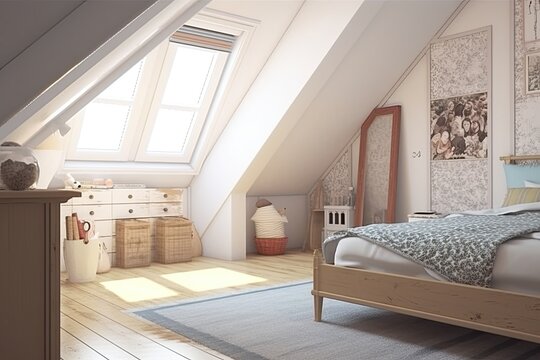 A large horizontal poster is seen over the master bed in the front perspective of an attic bedroom. a mockup Toned picture Generative AI