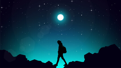 Adventurous man hiker. A Man hiking in the mountains with backpack. blue night sky HD wallpaper. hiking silhouette vector. starry night sky.