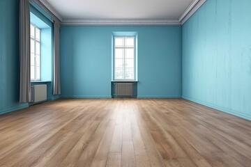 Obraz premium Blue blank wall and parquet flooring. mockup design. Vacant room or studio. Generative AI