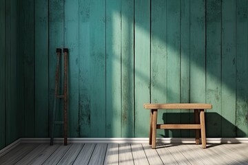 On a background of a blue-green plaster wall with vertical text space is a tall white wooden bench. Stucco wall in the background with a bar chair. Interior of a room with a bench on a Generative AI
