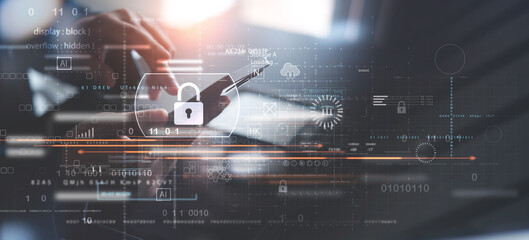 Cyber security network. Data protection concept. Man using mobile phone and laptop with digital...