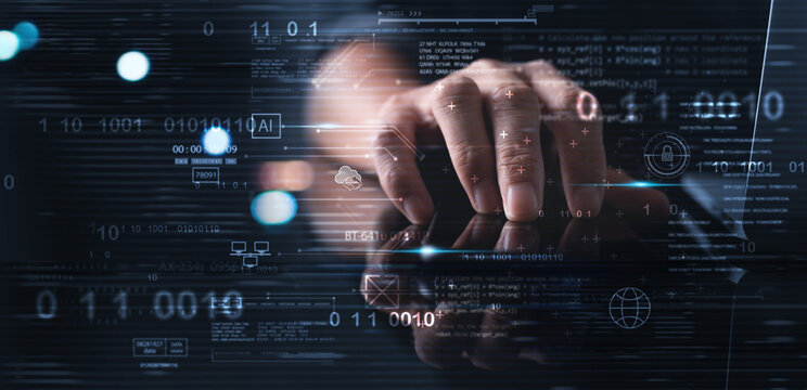 Digital technology, software development, AI Artificial Intelligence concept. Computer programmer or software engineer programming with computer code and cloud computing, technology background