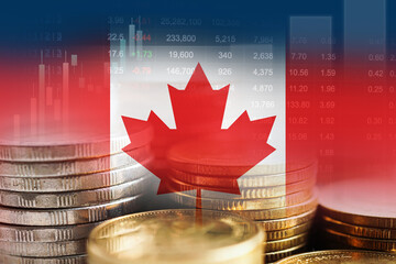 Canada flag with stock market finance, economy trend graph digital technology..