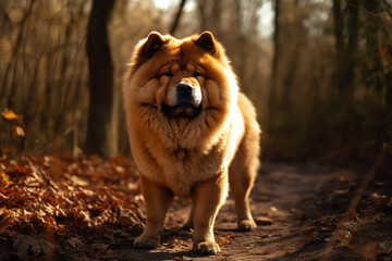 A Chow Chow adult fluffy dog illustration, standing outside in filtered sunlight; created using generative AI