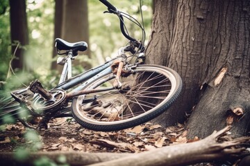 Fototapeta na wymiar a bicycle thrown into a tree due to an accident. road safety and life insurance. Generative AI