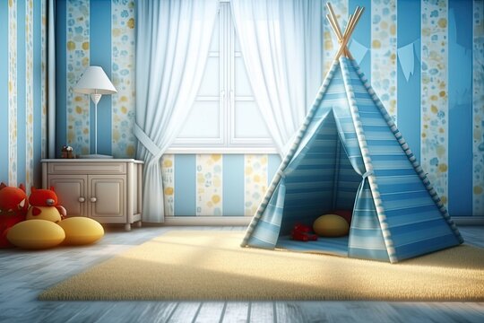 The bedroom has blue wallpaper and morning sunlight, as well as a lovely and comfortable kids indoor sleepover tent. Background, Backdrop, Childhood, Joy, Playroom, Sleepover, Empty, Generative AI