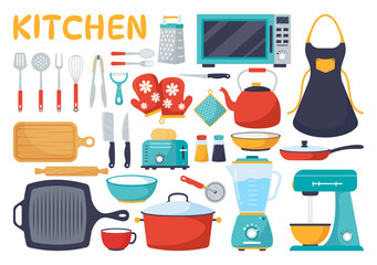 Kitchen Architecture Vector Illustration with Furniture and Interior such as Table, Stove and Fridge in Flat Cartoon Hand Drawn Background Templates