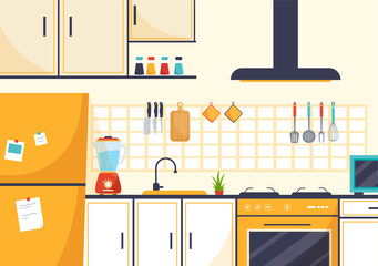 Kitchen Architecture Vector Illustration with Furniture and Interior such as Table, Stove and Fridge in Flat Cartoon Hand Drawn Background Templates