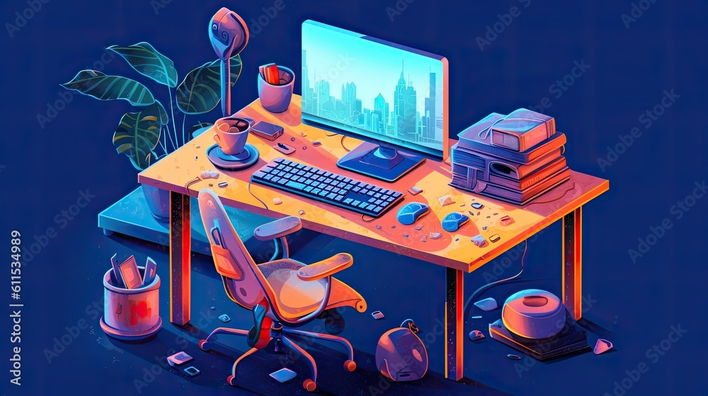 Poster concept of technology with a computer at a desk generative ai