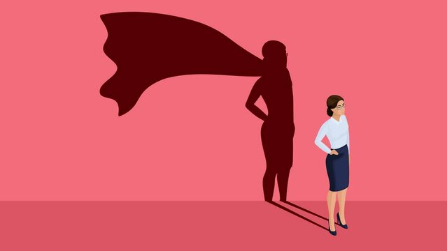 Business woman wants to Became a Hero. Super Strong Businesswoman with Heroes Cape Shadow Behind Her. Business Female Imagination and Ambition Concept 