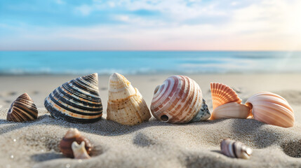 Fototapeta na wymiar Seashells on the beach. Generative AI.
