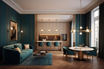 Fototapeta premium Design for a comfortable living space in an apartment with a blue couch and coffee table Generative AI