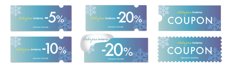 スペインの冬のセールに使える青グラデーションのシンプルなクーポンベクターデザインセット