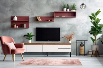 Modern living room with wall-mounted TV on cabinet, armchair, light, table, flower, and plant on concrete wall background. Generative AI