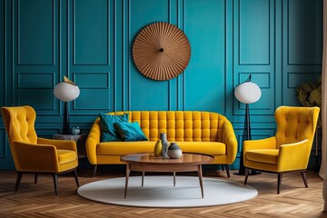 Interior design of a contemporary apartment with a turquoise sofa, yellow armchairs, a mock-up wall, and wooden paneling. Generative AI