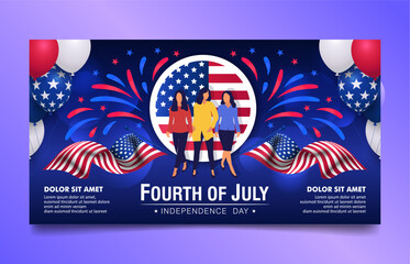 Fourth of July, USA Independence Day banner design with bright vibrant color patriotic elements