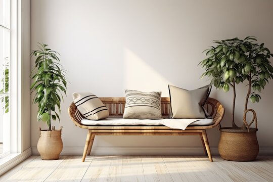 Beautiful interior design featuring a wooden bench, rattan accents, furnishings, a plant in a plain container, and trendy personal items. Generative AI