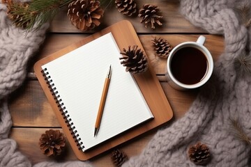 winter-themed mockup. On a table made of wooden planks, there is a warm knitted sweater, a blank spiral notebook, a cup of tea, some pinecones, and a computer keyboard. a top view Generative AI