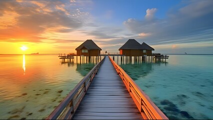 Obraz premium Wonderful sunset time at tropical beach resort in Maldives 