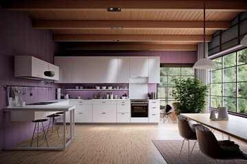 White and purple-toned wooden Japanese-style kitchen. Bamboo wallpaper, a parquet floor, and a beam ceiling. interior design that is minimal Generative AI