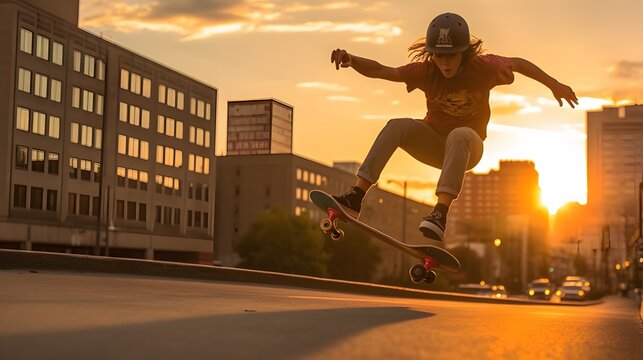 Beautiful young girl skateboarding in the city at sunset time, generative ai.