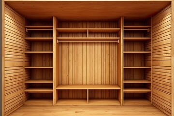 Simple interior of a wooden closet with closed sliding doors and a clipping path. Generative AI