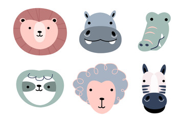 Wildlife animals head . Flat design . Retro style . Vector illustration .