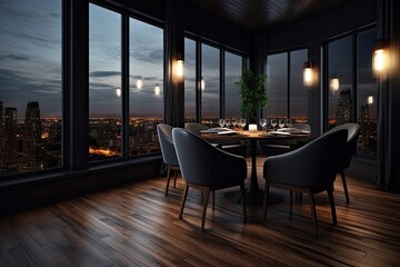 Interior of a dark dining area with wooden seats and a floor made of black parquet. Modern dining room with furnishings near a window that overlooks the city. three copy space frames Generative AI