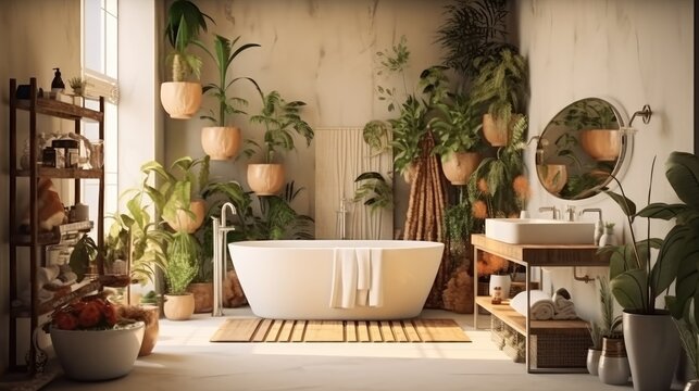 a lavish bathroom with a bathtub, a mock-up picture frame on a stunning wall, decorated with cozy furnishings and plants, Generative AI