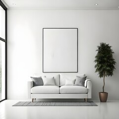 Modern living room interior with white big blank poster on the wall.