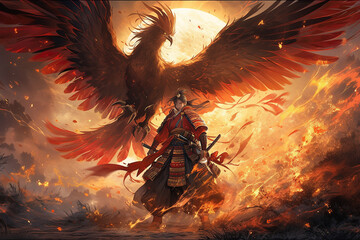 A mesmerizing scene of a samurai engaged in an intense battle with a majestic fire phoenix, their swords clashing amidst a whirlwind of flames, sparks, and feathers. Generative AI.
