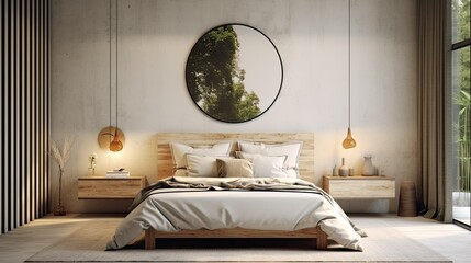 Decorate the headboard in this interior scene and mockup of a trendy bedroom. Generative AI