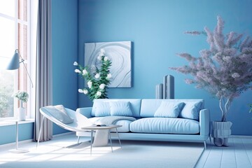 blue living room with modern sofa. minimalist design idea style of pastel colors. Generative AI