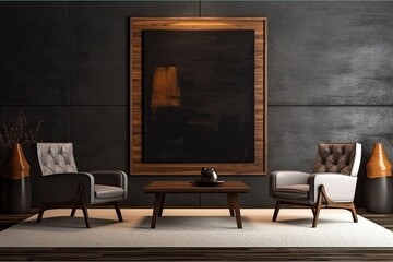 Grey living room decor with two armchairs, a ledge in the basement, and a coffee table. Empty canvas on dark wood wall. a sitting idea for the living room. a mockup Generative AI