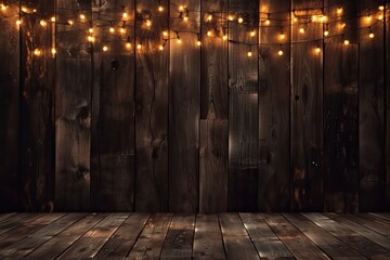 abstract holiday backdrop, dark wood background with lights, and text copy space Generative AI