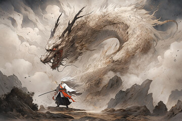 A samurai fighting with a dragon. The samurai, a master of the blade, engages in a fierce duel with the mythical creature. Generative AI.