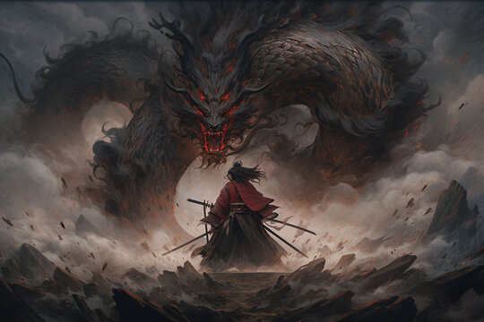 A samurai fighting with a dragon. The samurai, a master of the blade, engages in a fierce duel with the mythical creature. Generative AI.