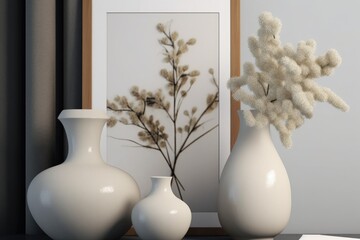 A close-up of a white desk featuring a plant pot, a vase, and mock-up frames for a home's interior design. Generative AI