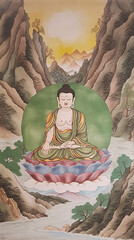 A magnificent Great Buddha depicted in Thangka style, emanating a sense of serenity and enlightenment, with intricate details on the facial features .Generative AI.
