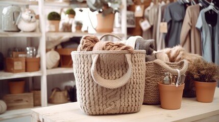 a wooden table with beige knitted baskets. Scandinavian-style handmade natural jute knit shopping bag, eco-friendly fashion accessories. cozy room interior design elements. Handmade. Generative AI