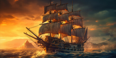 A Pirate Ship Sailing on Sea during Golden Hour - obrazy, fototapety, plakaty