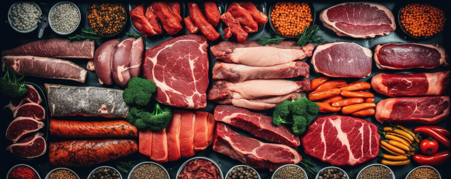 different type of meats laying in supermarket , look from above , carnivore diet