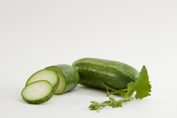 Front view of fresh winter melon and green leaf on white background. Parts of the squash, including the stem, skin, flesh, seeds, leaves, and flowers, can all be used for food and medicine.