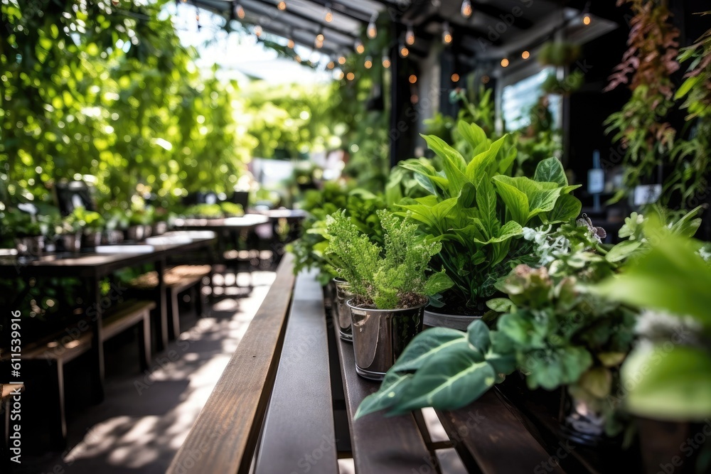 Sticker the venue's outdoor table is decorated with little plants. generative ai