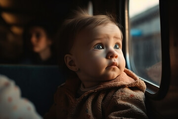 Baby sits on the train with mother and looks out the window. Fictional person, not based on real people. Generative AI